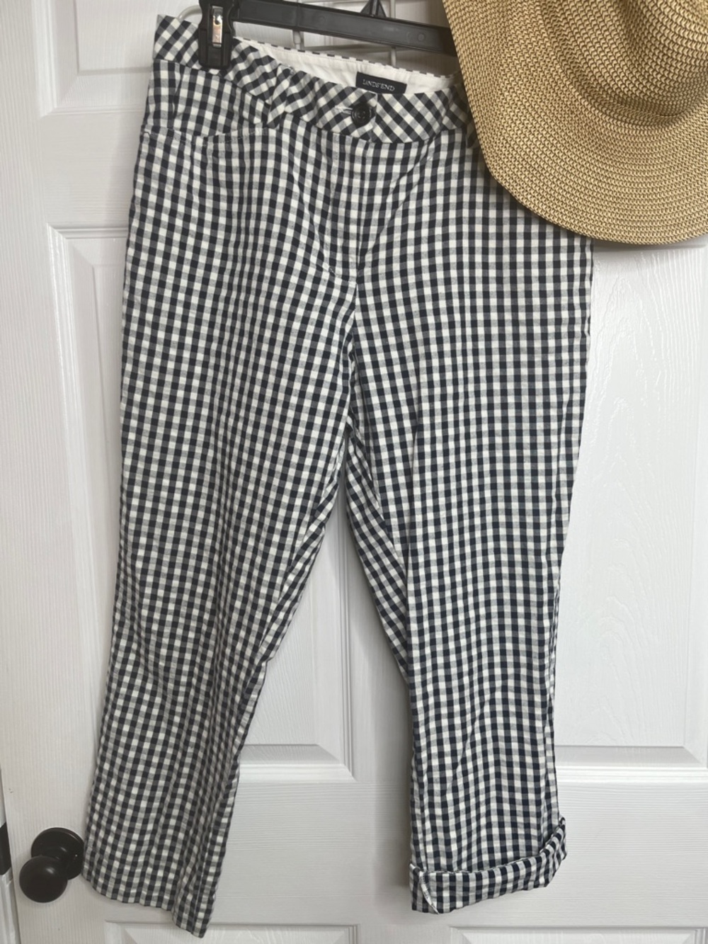 Lands End Gingham Trousers Mid Rise Straight Leg Blue White Size 8
